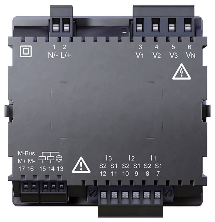 Elektronická súčiastka s viacerými pripojovacími svorkami a symbolmi vrátane trojuholníkov, štvorca a blesku. Označená štítkami N-, L+, V1, V2, V3, VN.
