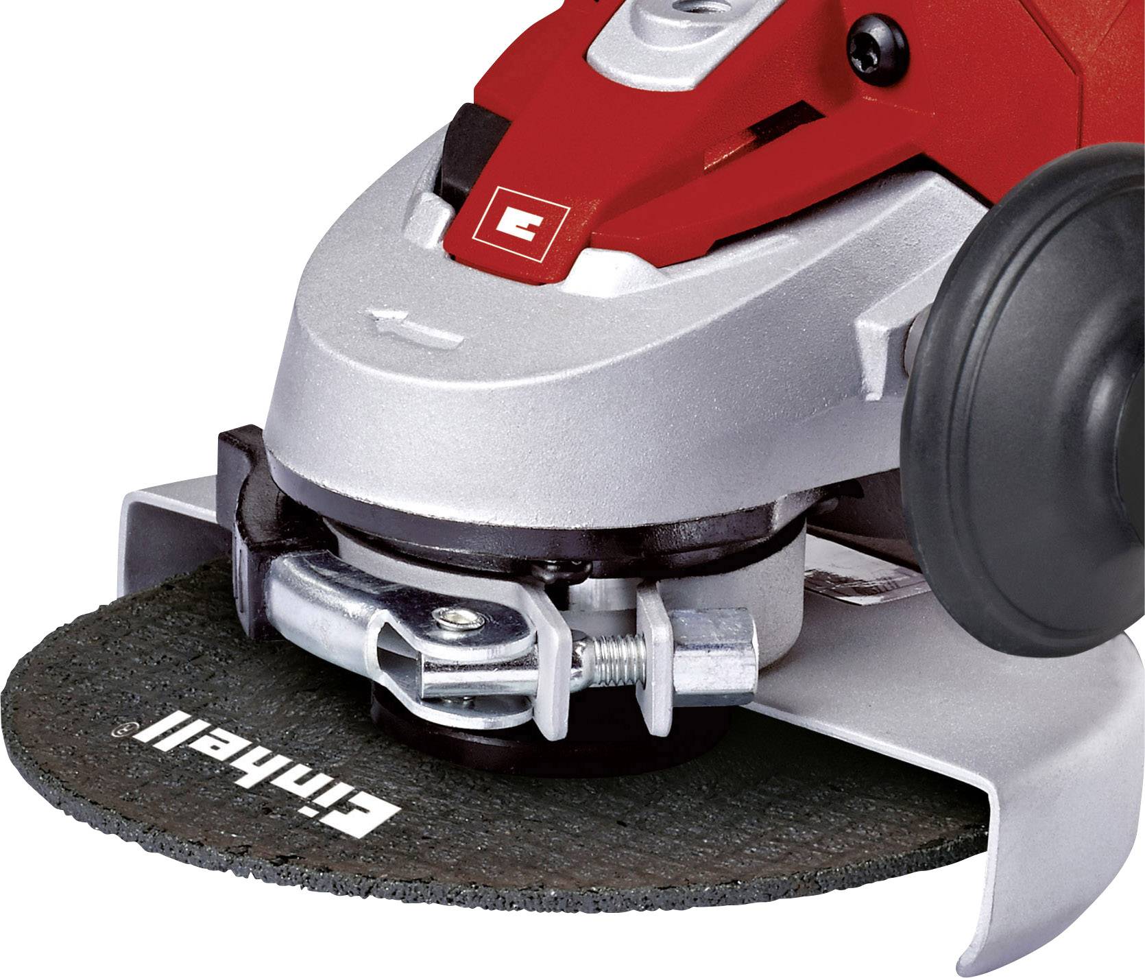 Uhlová brúska v detailnom zábere s červeným a strieborným krytom. Na brúsnom kotúči je nápis 'Einhell'.