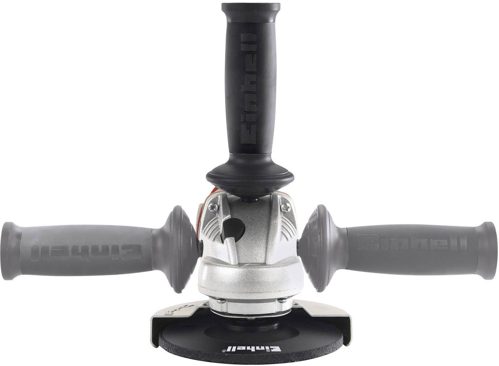 Obrázok zobrazuje uhlovú brúsku s dvoma rukoväťami a čiernym brúsnym kotúčom, pohľadom spredu.