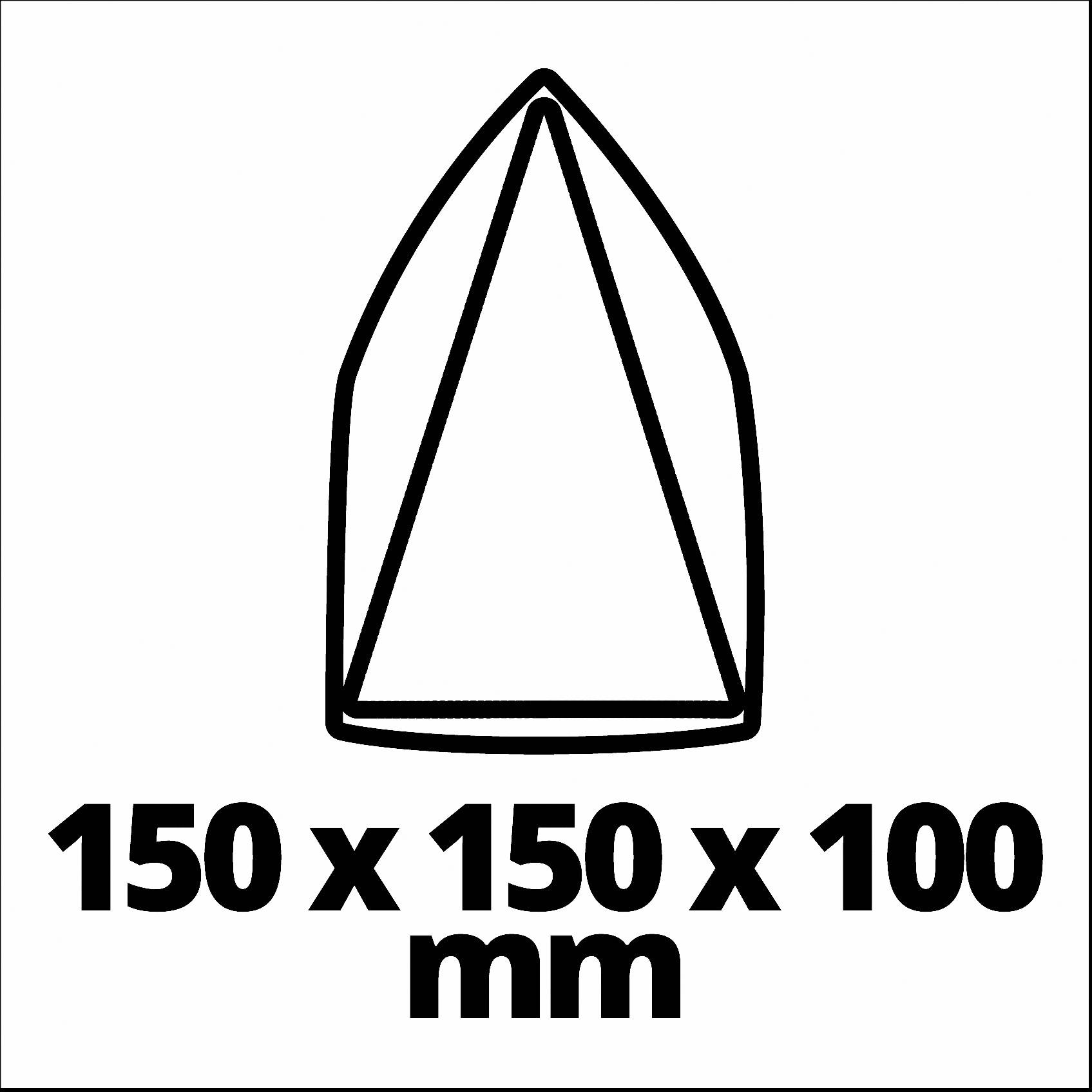 Geometrické teleso v tvare hranola s rozmermi 150 x 150 x 100 mm, znázornené jednoduchou čiarovou kresbou.