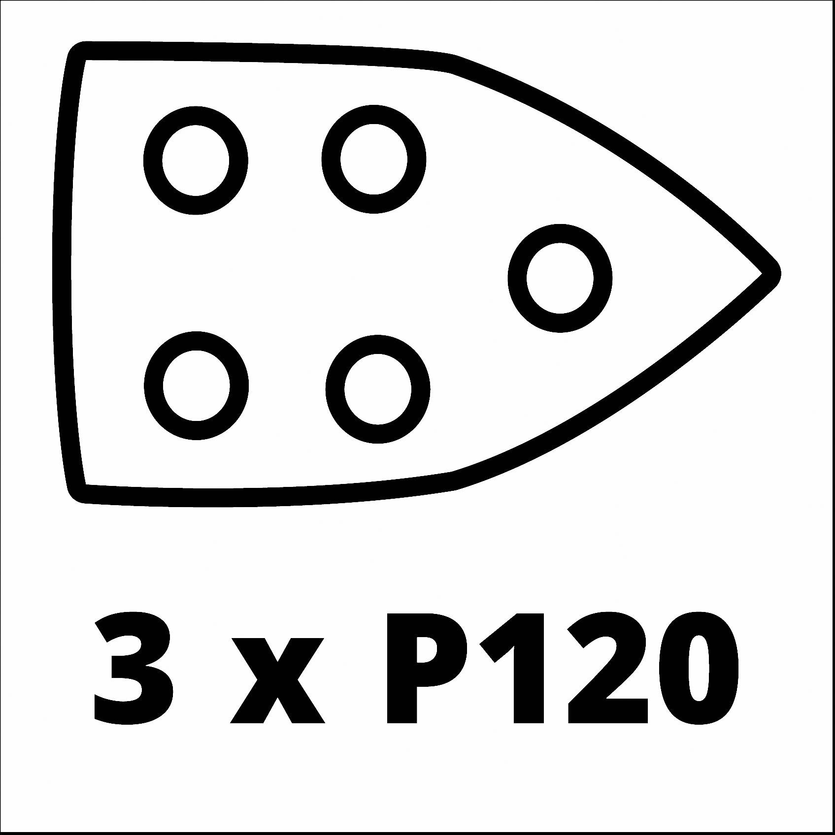 '3 x P120' brúsny papier so symbolom piatich otvorov v tvare trojuholníka.
