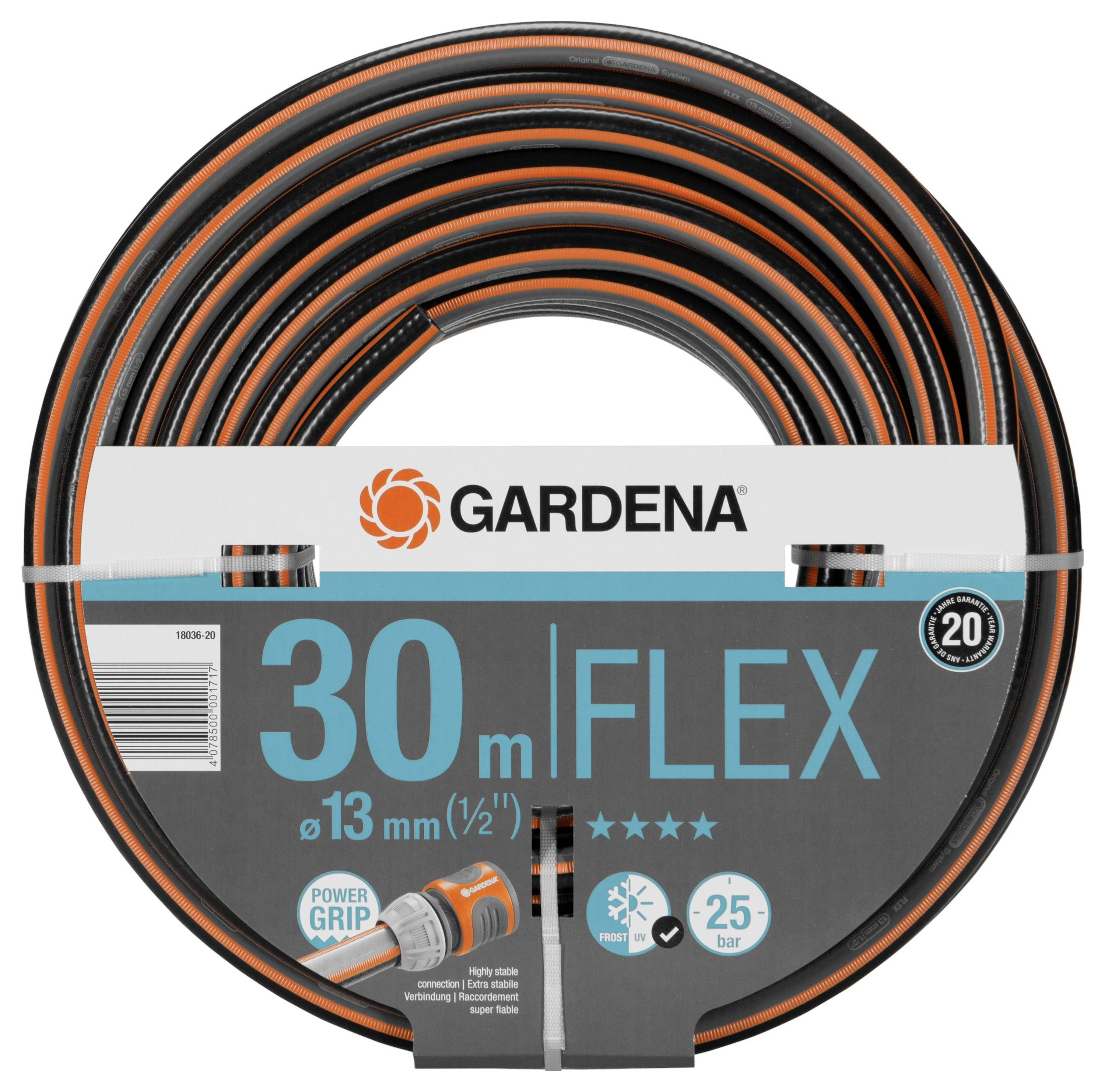 Záhradná hadica značky Gardena, model FLEX, 30 metrov dlhá, priemer 13 mm. S technológiou Power Grip a 25-ročnou zárukou.
