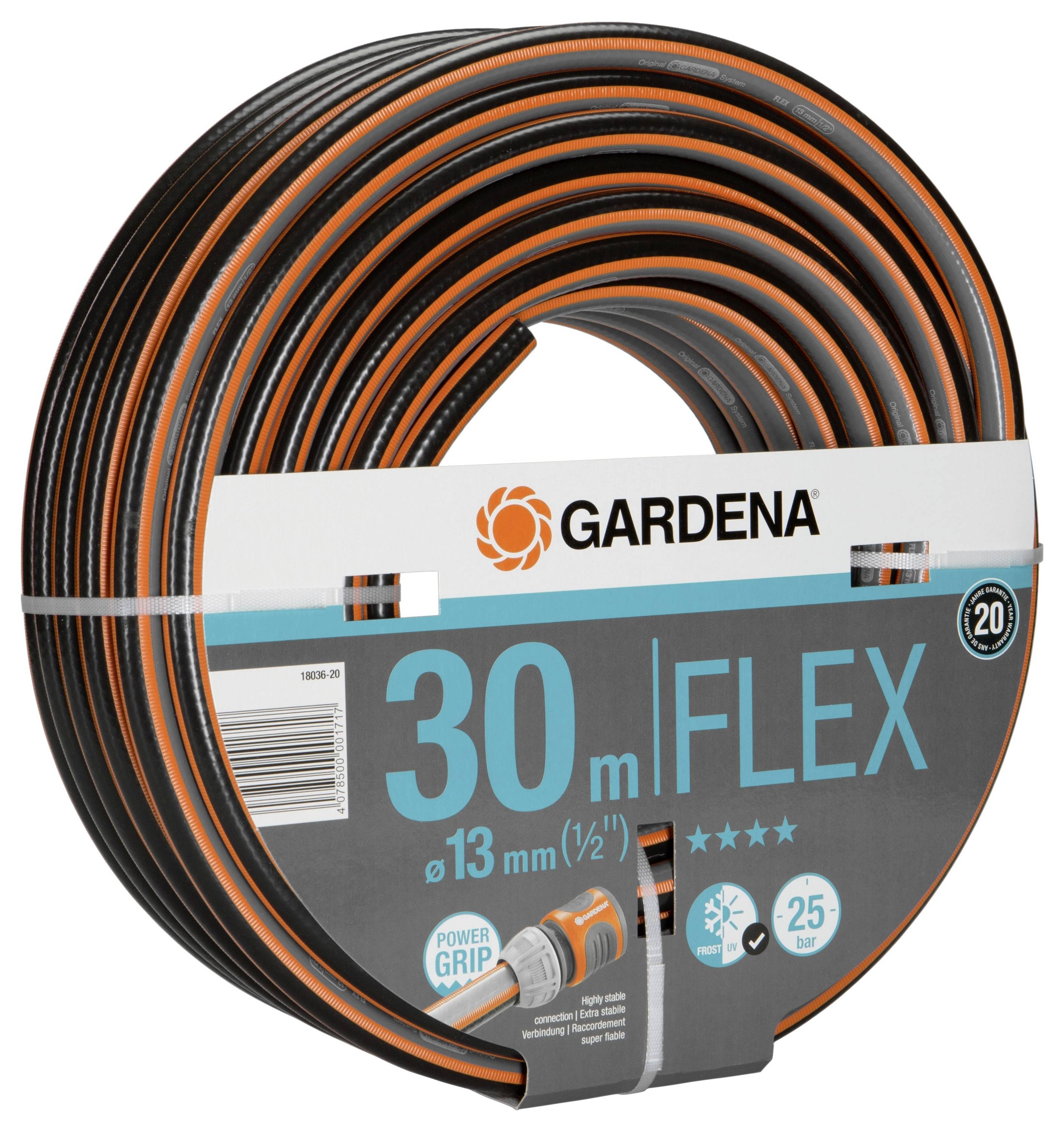 Záhradná hadica 'GARDENA', séria Flex, 30m, priemer 13mm, vhodná pre 25 barov, s profilom Power-Grip, čierne a oranžové prstence.