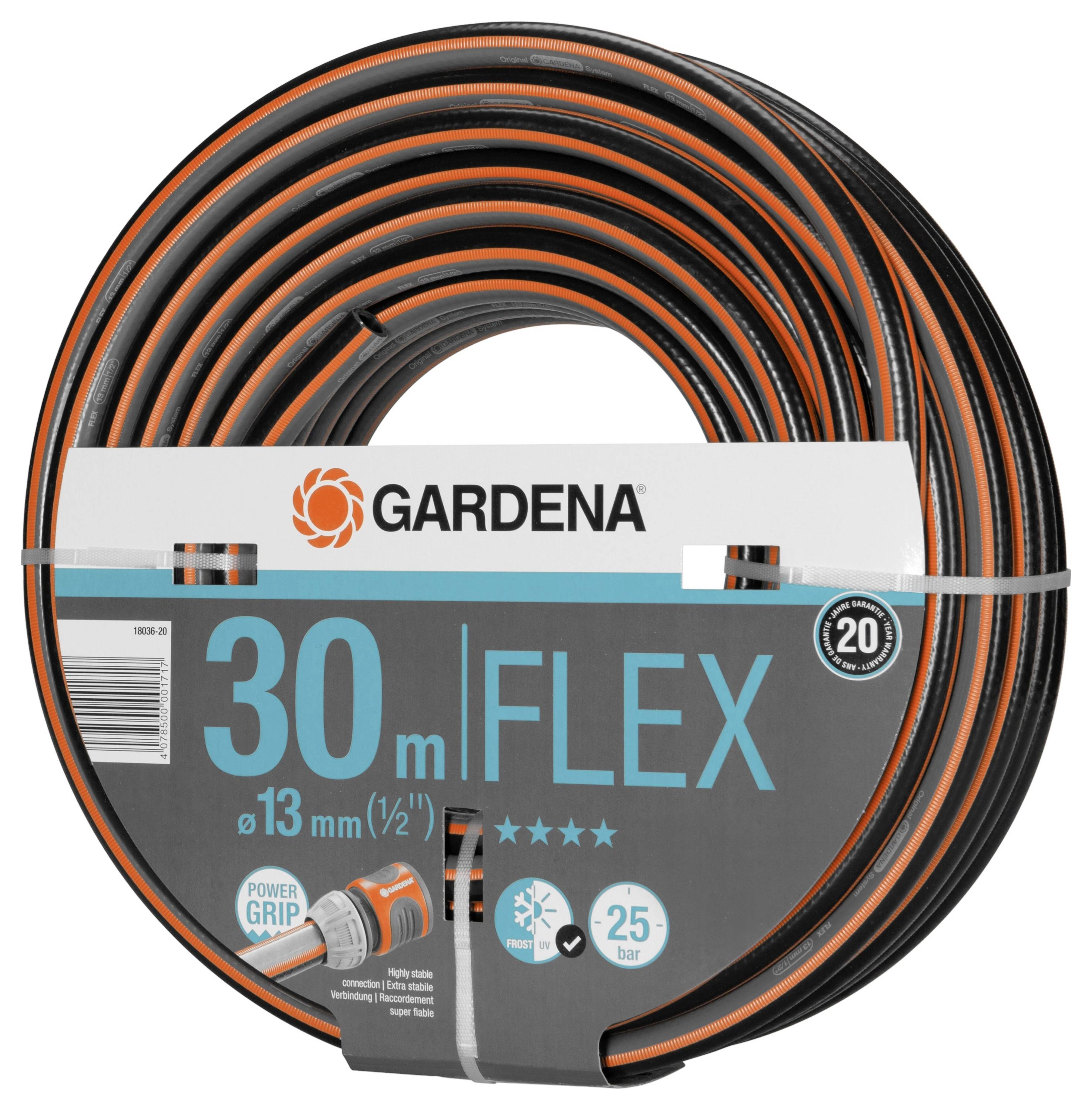 Zavlažovacia hadica Gardena, 30 metrov dlhá, priemer 13 mm, model 'Flex'. Odolnosť voči tlaku až do 25 barov, technológia Power Grip.