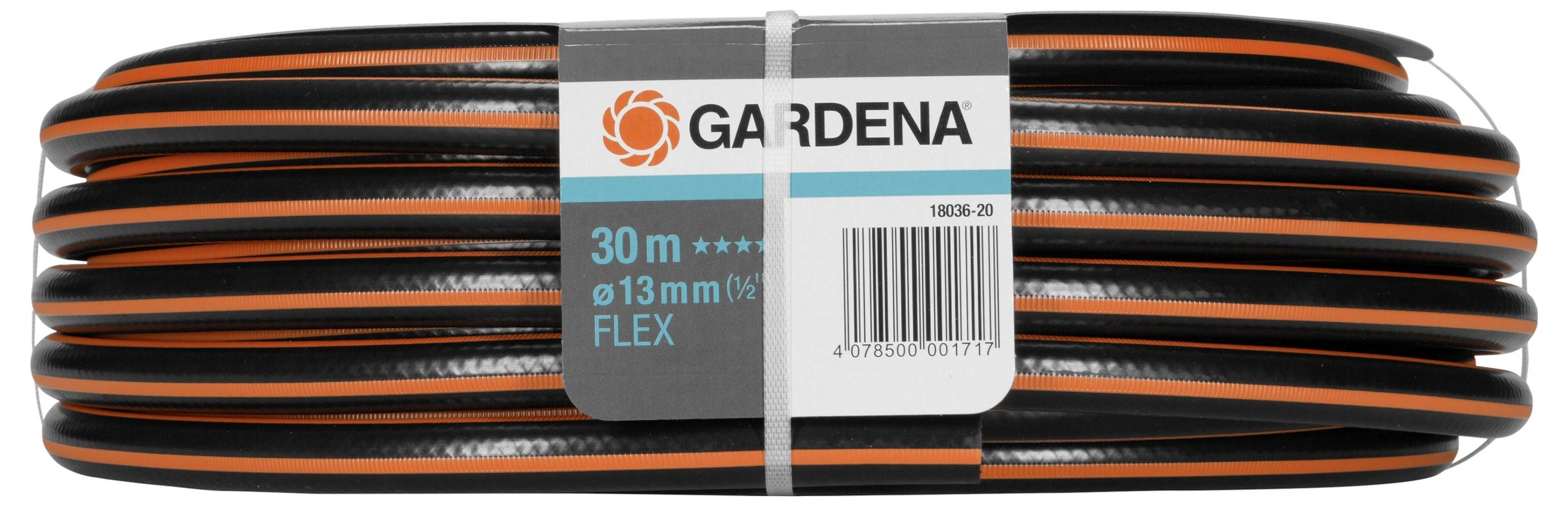 Záhradná hadica značky Gardena, 30 metrov, priemer 13 mm, čierna s oranžovými pruhmi, určená na flexibilné zavlažovanie.