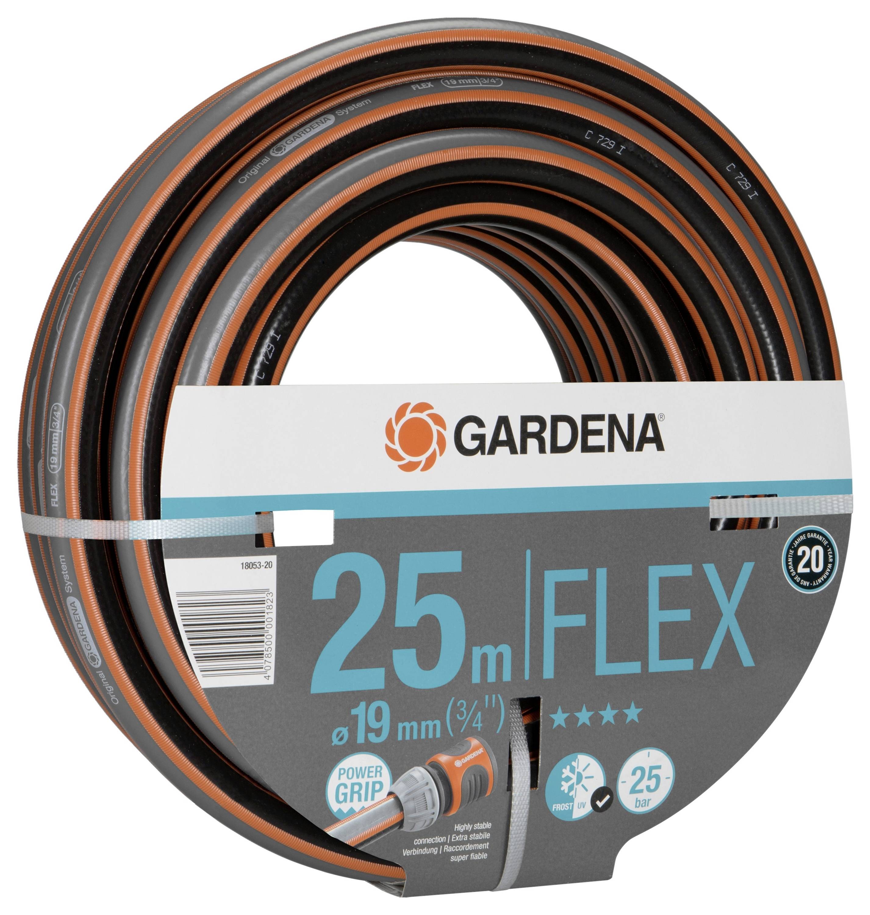 Záhradná hadica 'GARDENA FLEX' 25 m, priemer 19 mm, technológia Power Grip, odolná a flexibilná, určená na zavlažovanie záhrady.