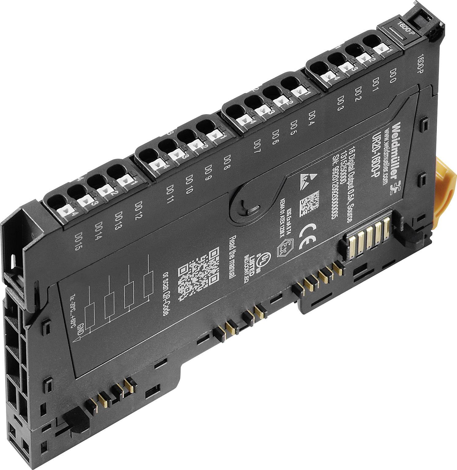 Čierne WAGO spínacie modulové zariadenie s viacerými svorkami a technickými označeniami. Slúži na riadenie elektrických signálov.