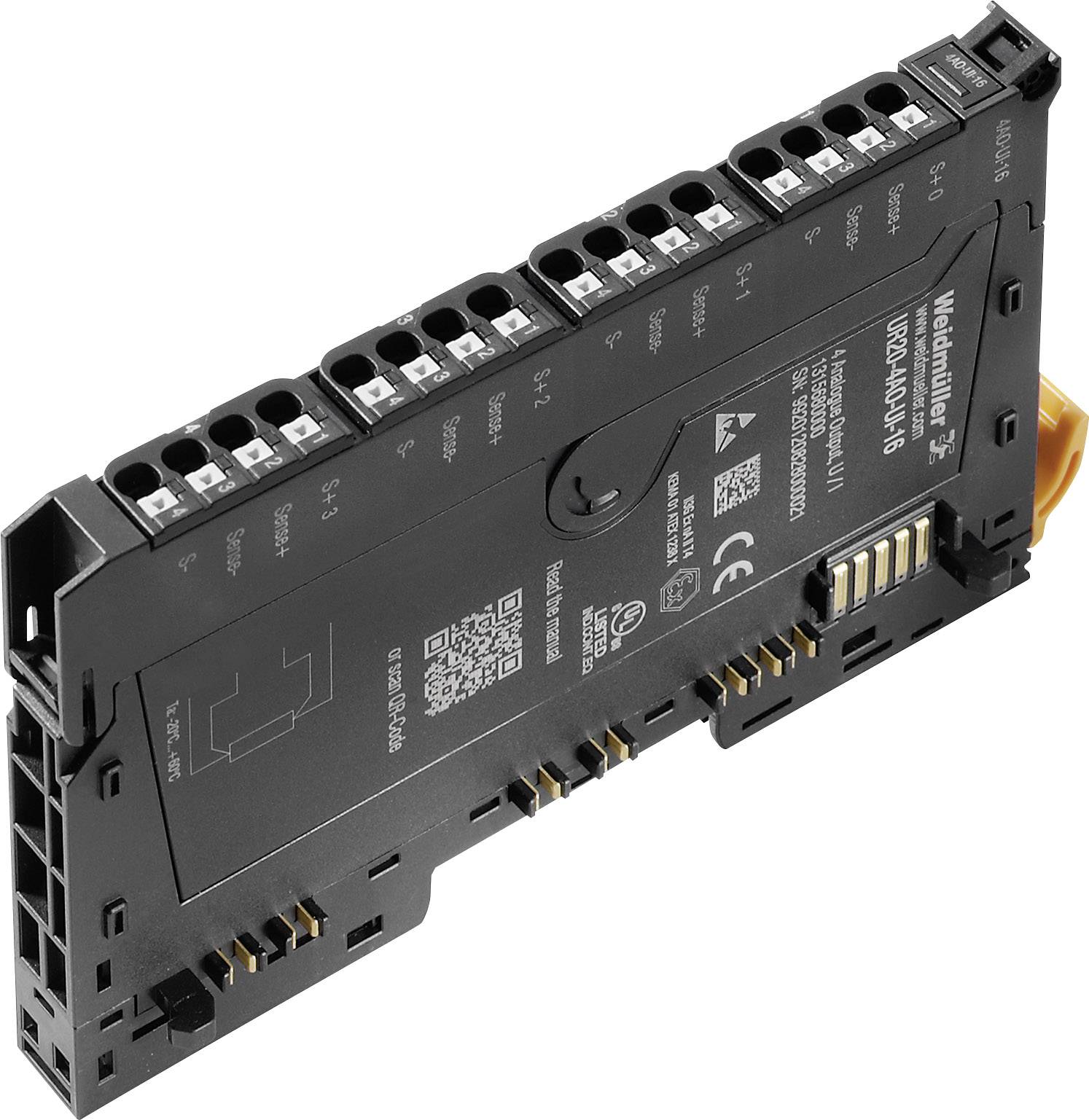 Čierno-sivý elektronický modul s viacerými svorkovnicami a QR kódom, vhodný pre priemyselné aplikácie.