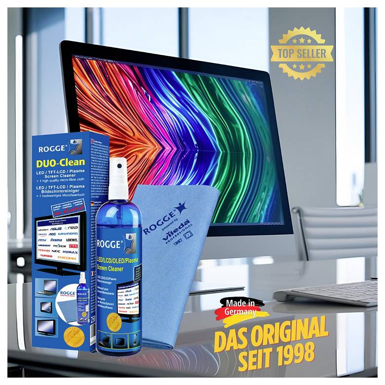 Čistiaca sada na obrazovky 'ROGGE DUO Clean' s boxom, sprejom a handričkou vedľa stolného monitora zobrazujúceho žiarivé farby. Text hlási 'Made in Germany' a 'Das Original seit 1998'.