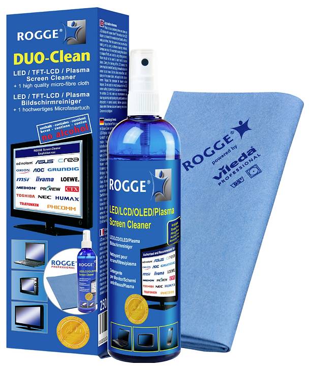 Čistič obrazoviek ROGGE DUO-Clean LED/LCD/Plasma zahŕňa fľašu čistiaceho roztoku a modrú mikrovláknová handričku.