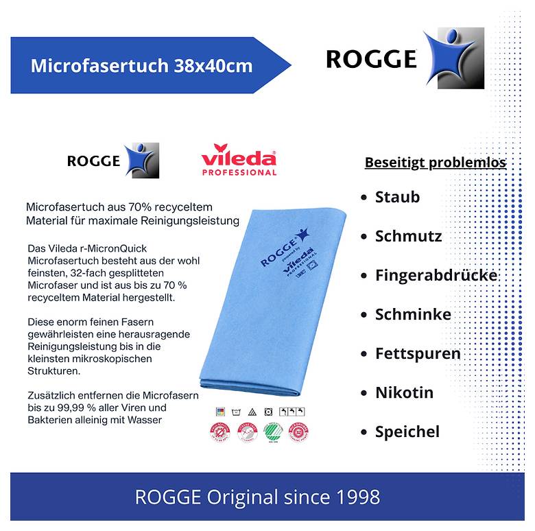 Textília 'Rogge' z modrej mikrovláknovej látky, veľkosť 38x40 cm, vyrobená z 70% recyklovaného materiálu, účinná proti prachu, nečistotám a iným škvrnám.