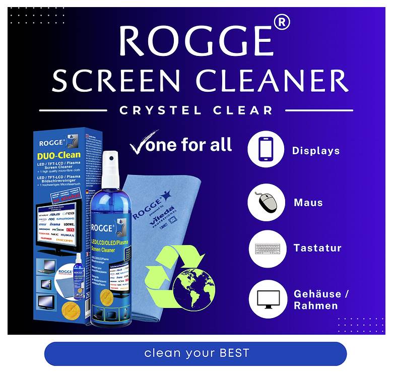 'Rogge Screen Cleaner - Krištáľovo čisto. Univerzálny: Displeje, myš, klávesnica, kryt/rám. Vyčistite to najlepšie.' Fľaša a handička sú zobrazené.