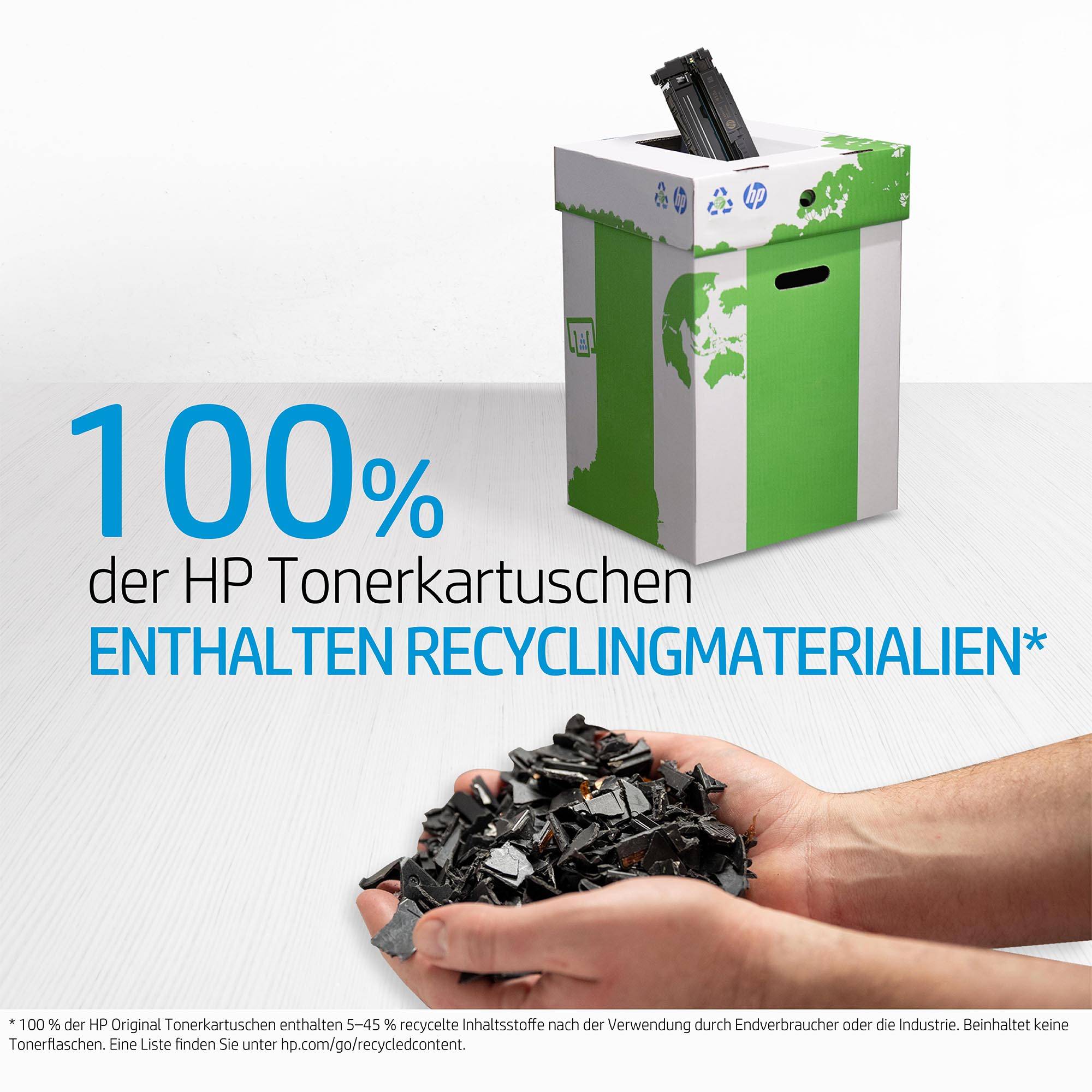„100% náplní HP tonerových kaziet obsahuje recyklované materiály" je umiestnený pred kartónom s recyklačným symbolom a rukami s recyklovaným materiálom.