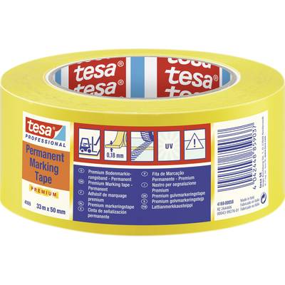 Žltá lepiaca páska 'tesa Professional Permanent Marking Tape', 33 m x 50 mm, na trvalé vyznačovanie podláh. Odolná voči UV žiareniu.