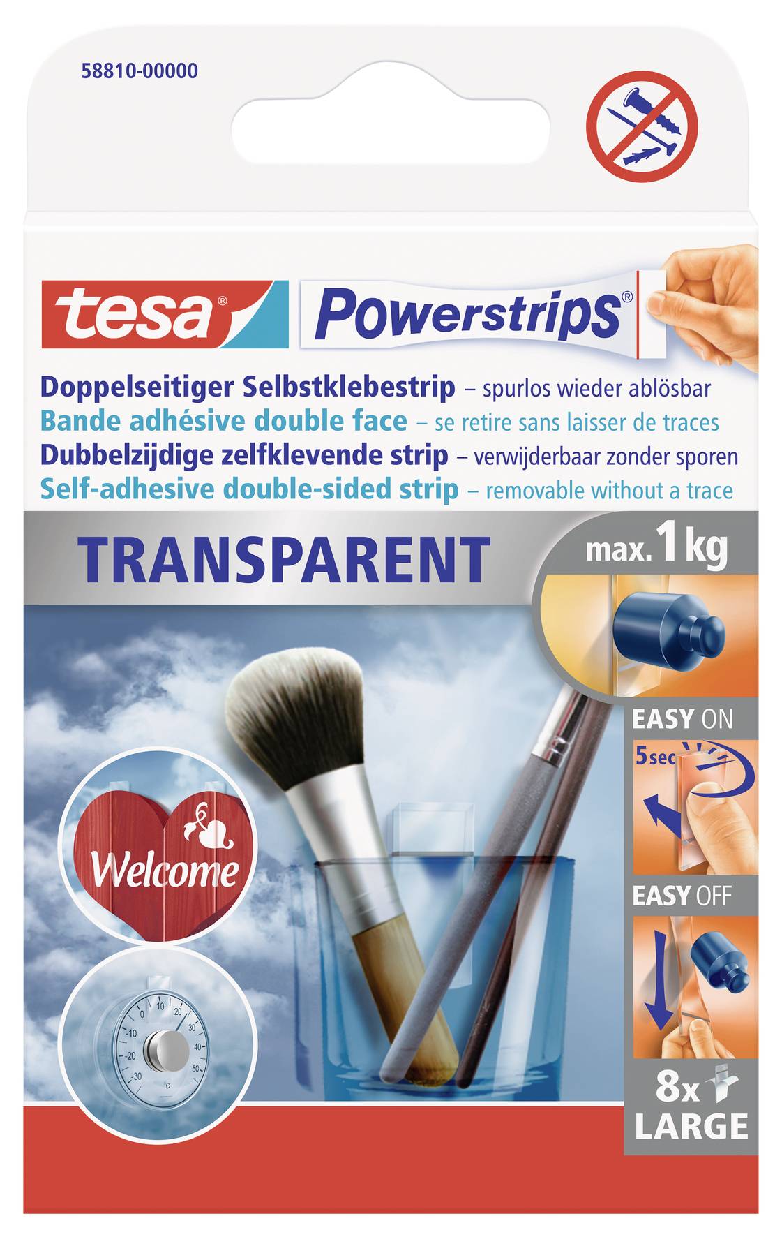 Balenie Tesa Powerstrips, priehľadné obojstranné lepiace pásky, maximálna nosnosť 1 kg, 8 veľkých pások.