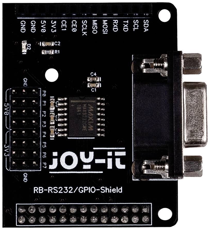 Štít RB-RS232/GPIO od Joy-It zobrazuje čiernu elektronickú dosku s rôznymi konektormi a strieborným svorkovnicovým konektorom.