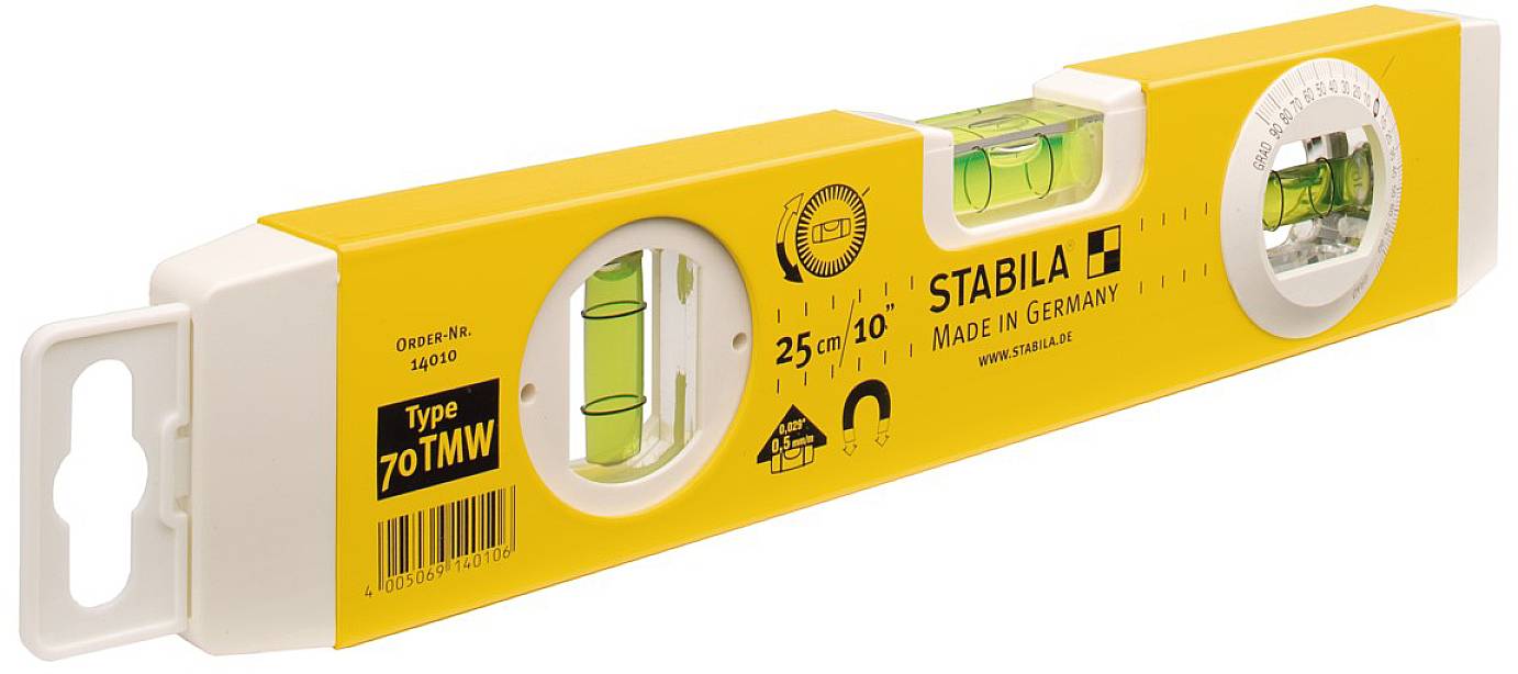 Vodováha z žltého plastu, dĺžka 25 cm, s dvoma libelami, značka 'Stabila', vyrobené v Nemecku.