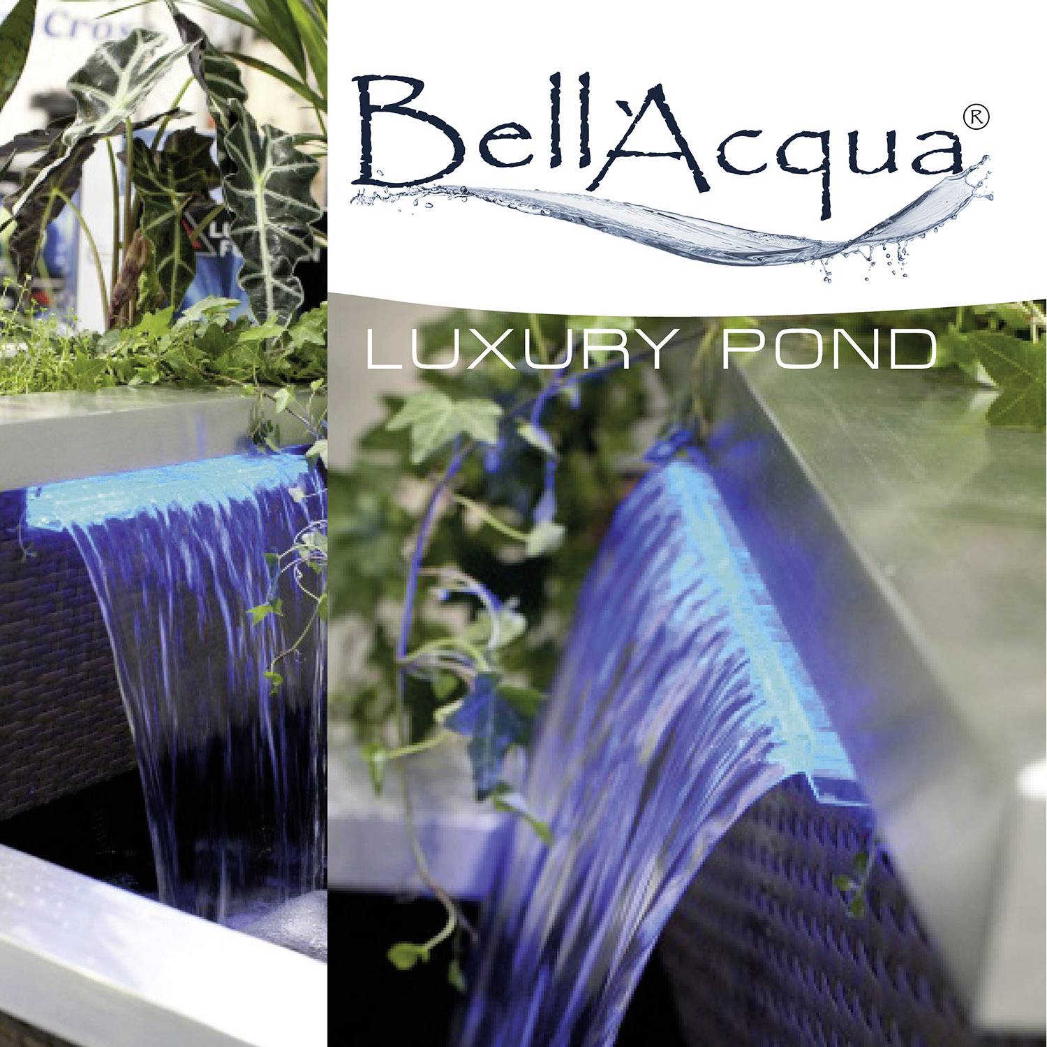 Voda preteká cez dva moderné vodopády v luxusnom jazierku. Rastliny obklopujú scénu. Hore logo 'BellAcqua'.