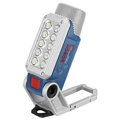 Pracovné svetlo Bosch s deviatimi LED žiarovkami, modro-strieborným puzdrom a rotovateľnou hlavou, navrhnuté pre profesionálne použitie.