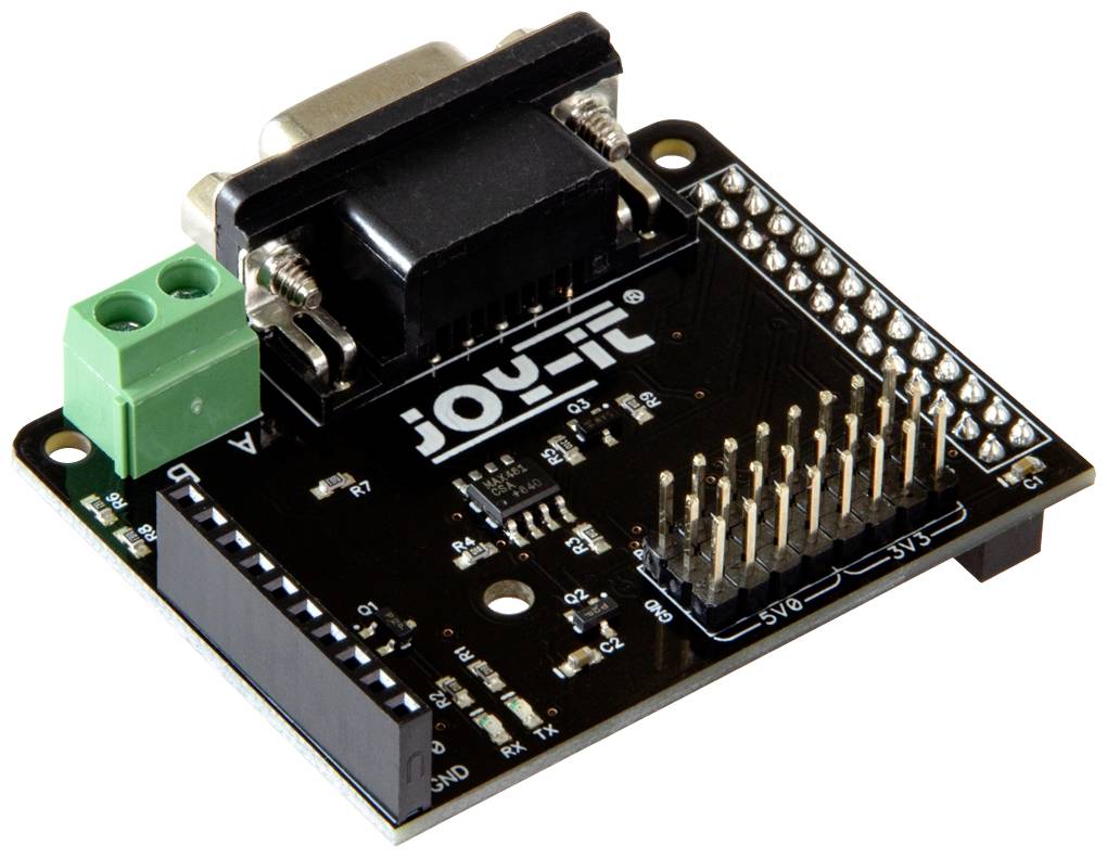 Čierna elektronická doska s rôznymi konektormi a pinmi, používaná na ovládanie a komunikáciu zariadení.