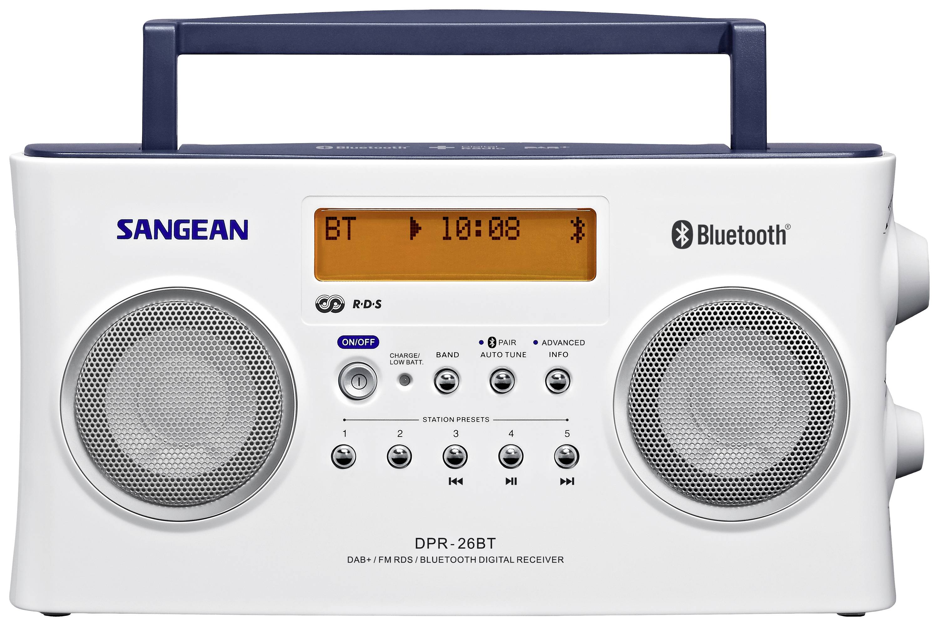 Biele prenosné rádio s funkciou Bluetooth. Displej zobrazuje 'BT 10:08'. Značka: Sangean. Obsahuje reproduktor, ovládacie tlačidlá a rukoväť na prenášanie.