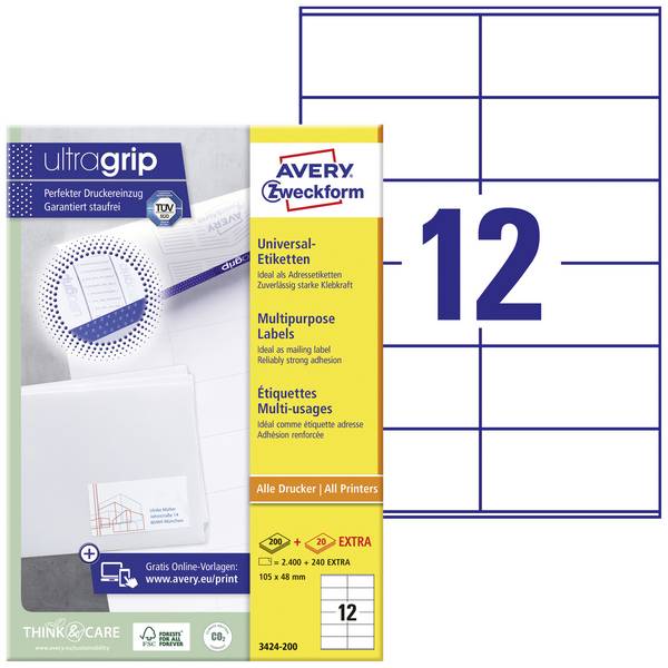 Avery-Zweckform 3424-200  105 x 48 mm papier  biela 2640 ks trvalé univerzálne etikety laser, atrament