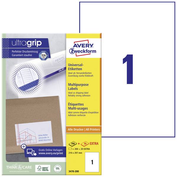 Avery-Zweckform 3478-200  210 x 297 mm papier  biela 200 ks trvalé univerzálne etikety