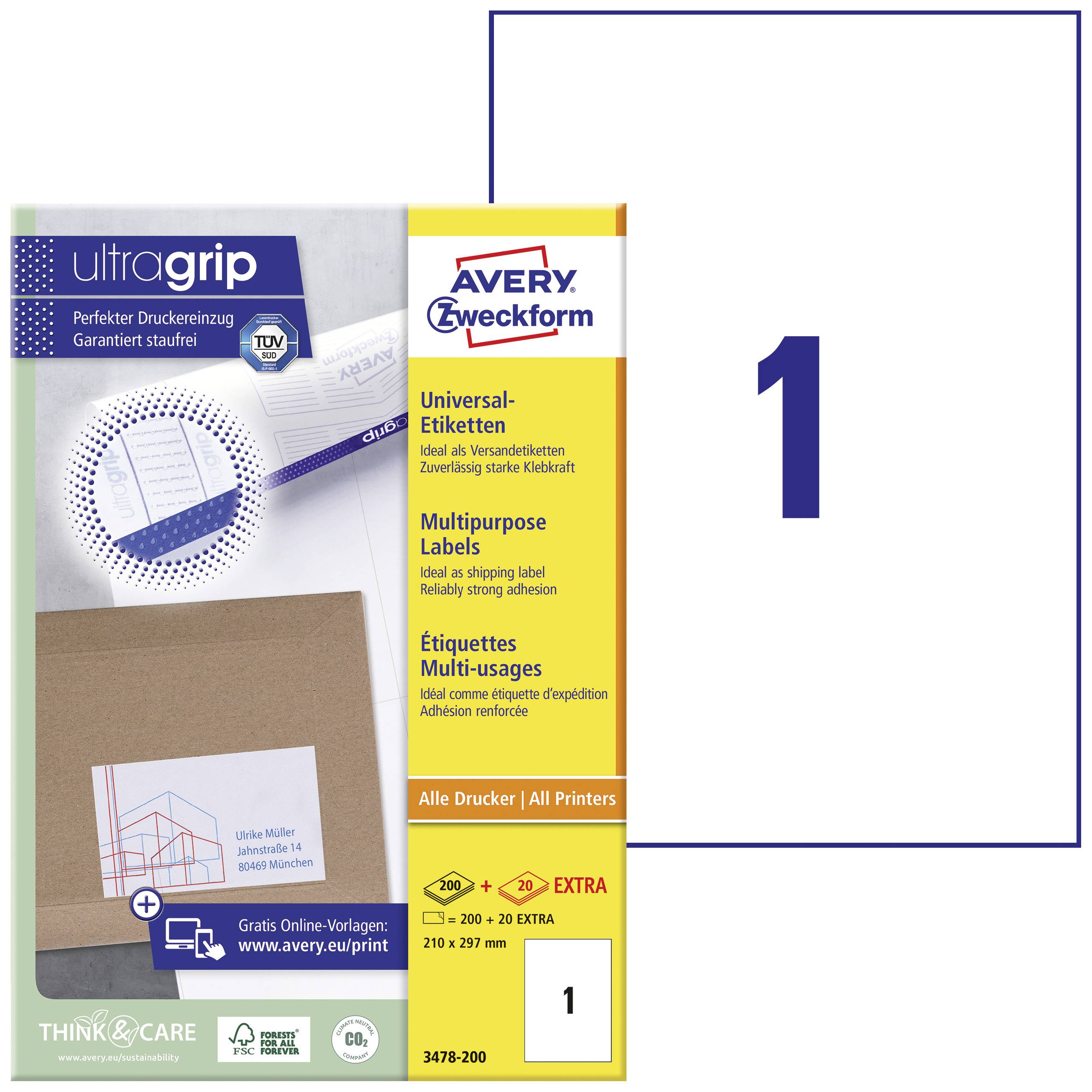 Štítky Avery Zweckform UltraGrip, kompatibilné so všetkými tlačiarňami. Obsahuje 200 etikiet, veľkosť A4, biele.