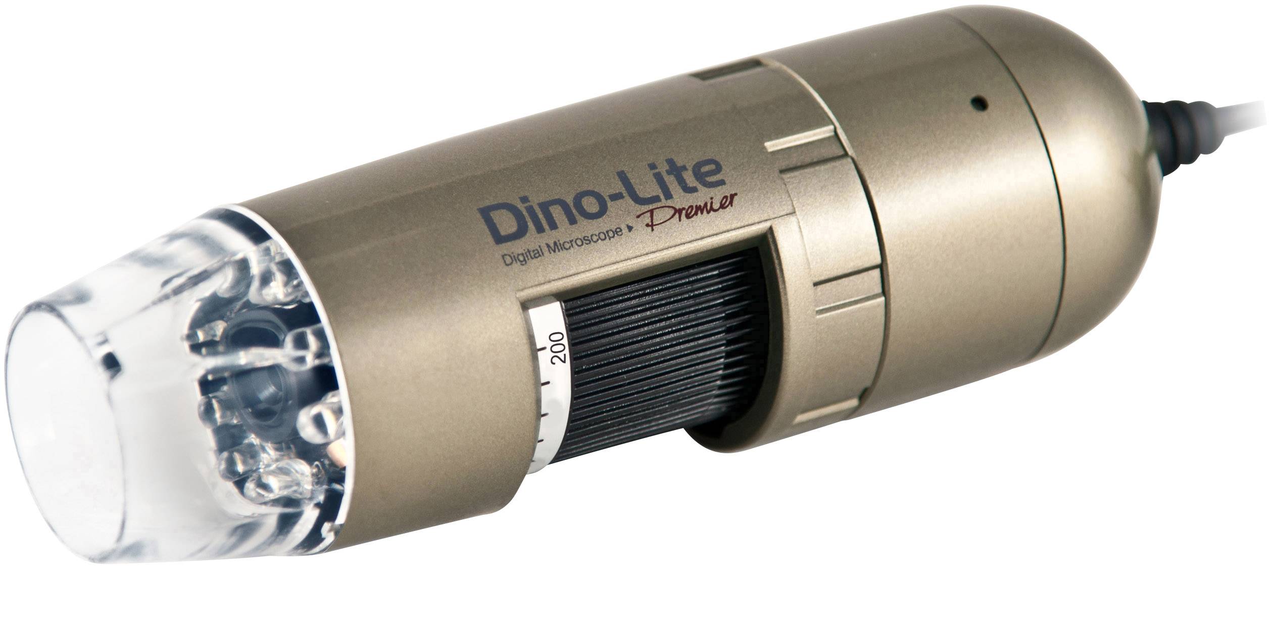 Digitálny ručný mikroskop 'Dino-Lite Premier' v bronzovom prevedení s priehľadným nadstavcom objektívu a elektrickými prípojkami.