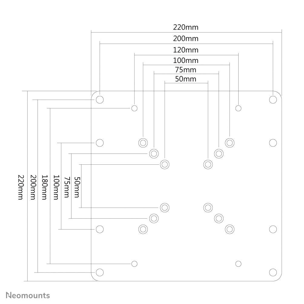 Diagram vŕtaného otvoru s rozmermi v milimetroch: 50, 75, 100, 120, 200, 220. Znázornené rôzne vzdialenosti otvorov.