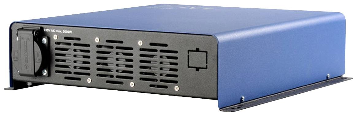 Modrý elektrický menič napätia s vetracími štrbinami a zásuvkou na prednej strane, používaný na konverziu elektrického prúdu.