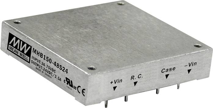 Kovový elektronický modul s viacerými pripájacími kolíkmi a označením pre vstupné a výstupné napätie, ako aj pripojenie puzdra.