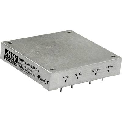 Strieborný elektronický modul od MEAN WELL, model MHB150-48S24, s označeniami vstupov a výstupov na boku.