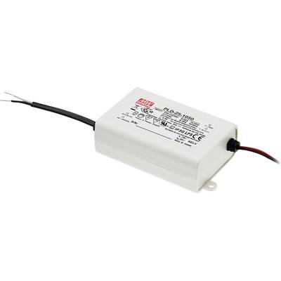 LED driver s bielym krytom, výstupné vodiče vľavo a vpravo. Na povrchu vytlačené číslo modelu 'PLD-25-1050' od Mean Well.