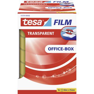 Balenie kancelárskej krabice 'tesa FILM' s priehľadnou lepiacou páskou, 66 m dlhou, 25 mm širokou. Potlač reťazového symbolu.