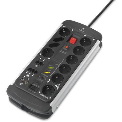 Rozvodka s ôsmimi zásuvkami a integrovaným ochranným vypínačom, vhodná na pripojenie viacerých elektronických zariadení.