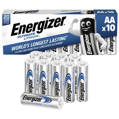 Balenie 10 batérií 'Energizer Ultimate Lithium', známych najdlhšou výdržou, vedľa niekoľkých vybalených batérií.