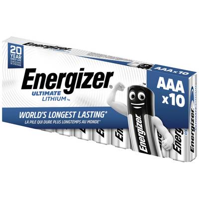 Balenie obsahujúce 10 lítiových batérií AAA značky Energizer, propagované ako "celosvetovo najdlhšie trvajúce" s výdržou až 20 rokov počas skladovania.