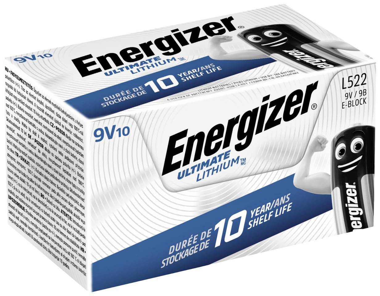 Energizer 9V batériový balíček. Na obale vytlačené 'Ultimate Lithium' s údajom o 10-ročnej skladovateľnosti.