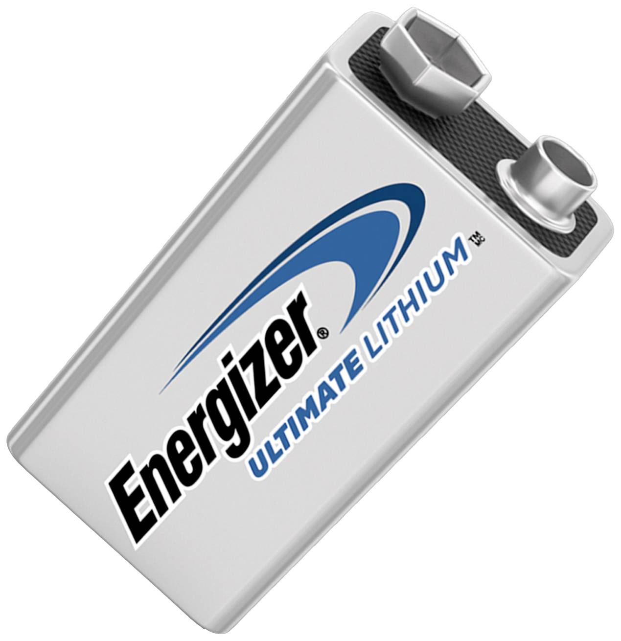 Strieborná 9-voltová batéria s nápisom 'Energizer ULTIMATE LITHIUM'.