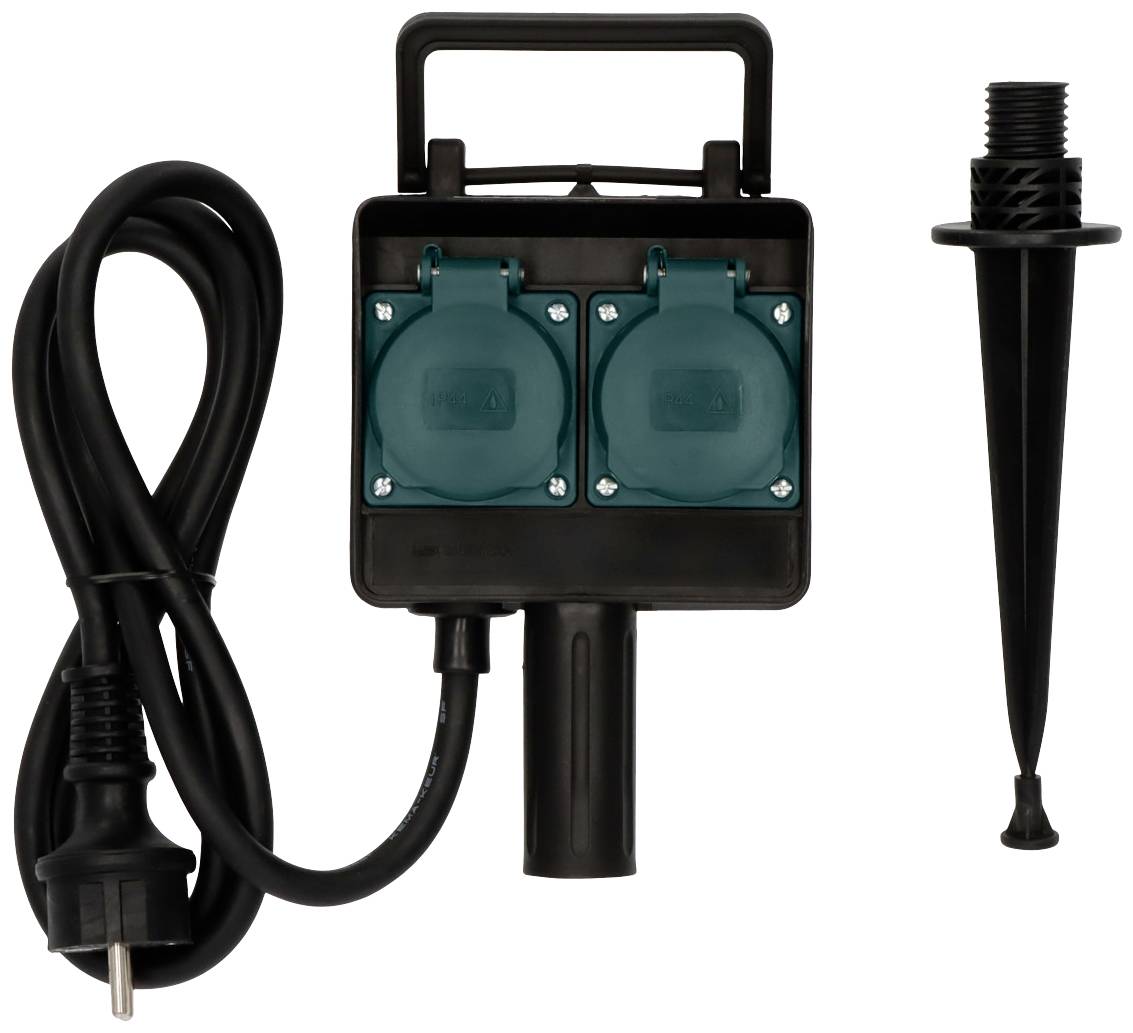 Záhradná zásuvka so zemným kolíkom a dvoma modrými zásuvkami, čierna šnúra so zástrčkou, vhodná do exteriéru.