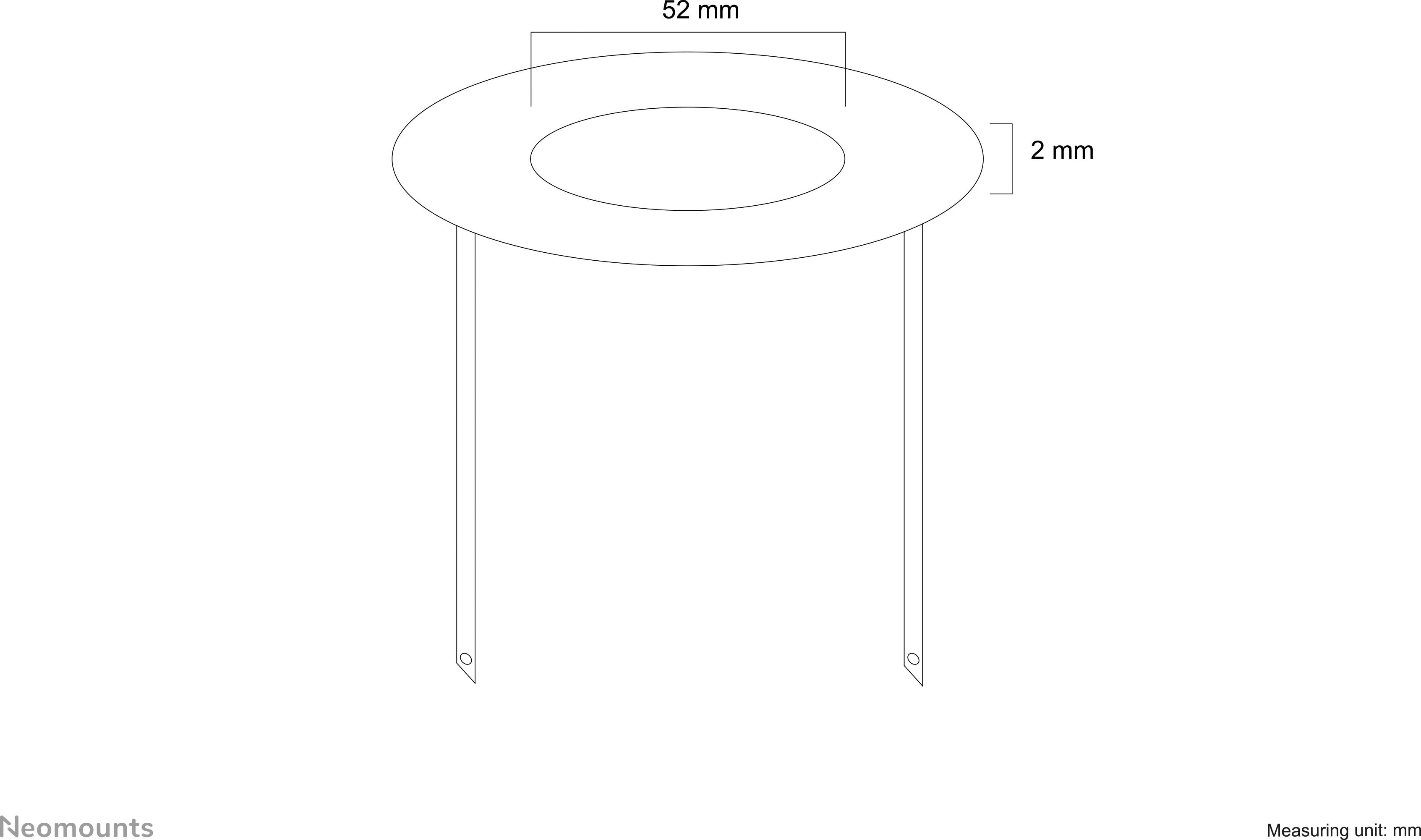 Technický výkres kovového kruhového prstenca s vnútorným priemerom 52 mm a hrúbkou 2 mm, podopretého tromi tyčami.