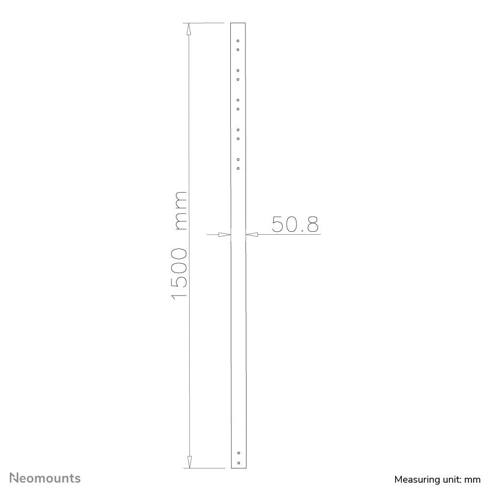Diagram zobrazuje vertikálnu kovovú tyč s výškou 1500 mm a šírkou 50,8 mm. Jednotkou merania sú milimetre.