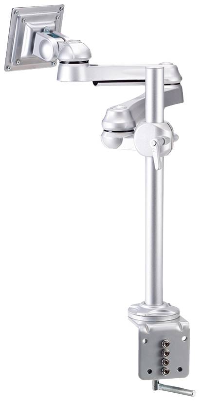 Nastaviteľné strieborné rameno monitora s viacerými kĺbmi na upevnenie na okraj stola. Ideálne pre ergonomické nastavenie monitora.
