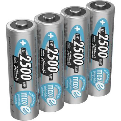 Štyri AA batérie s kapacitou 2500 mAh, každá označená nápisom 'max e', vhodné pre zariadenia s vysokou spotrebou energie.