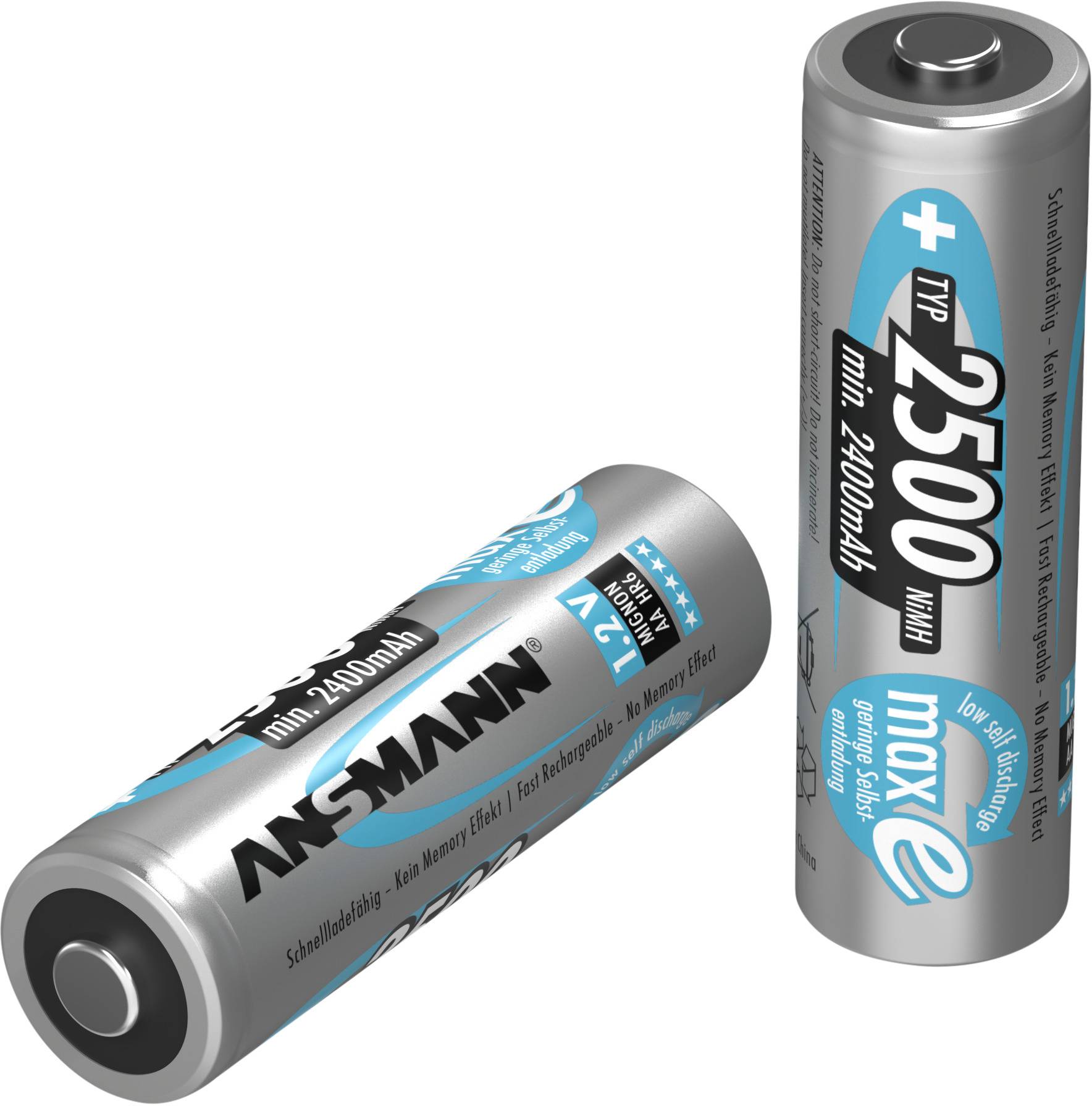 Batérie Ansmann Typ 2500 AA, jedna položená a jedna stojaca, s nápisom o kapacite 2400 mAh a nízkym úbytkom energie.