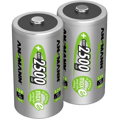 Dve strieborné AA batérie so zelenými potlačami 'maxE', pričom každá uvádza 1,2V a 2500 mAh.