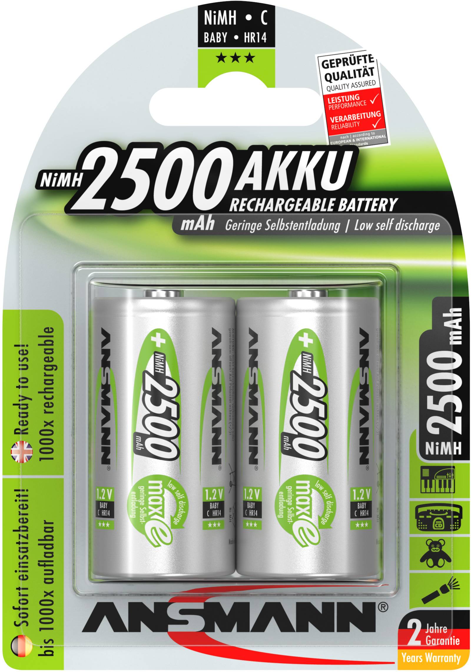 Tri nabíjateľné batérie Ansmann NiMH C 2500 mAh v balení. Vhodné pre zariadenia s vysokou spotrebou energie.