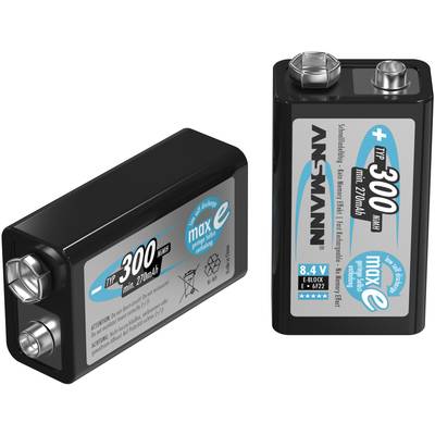 Dve čierne 9-voltové batérie, jedna položená, druhá stojaca, s modrými a bielymi štítkami, kapacita uvedená ako 'min. 300 mAh'.