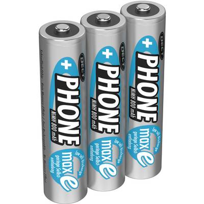 Tri valcové batérie s nápisom 'PHONE', každá s kapacitou 800 mAh. Majú modro-strieborný dizajn.